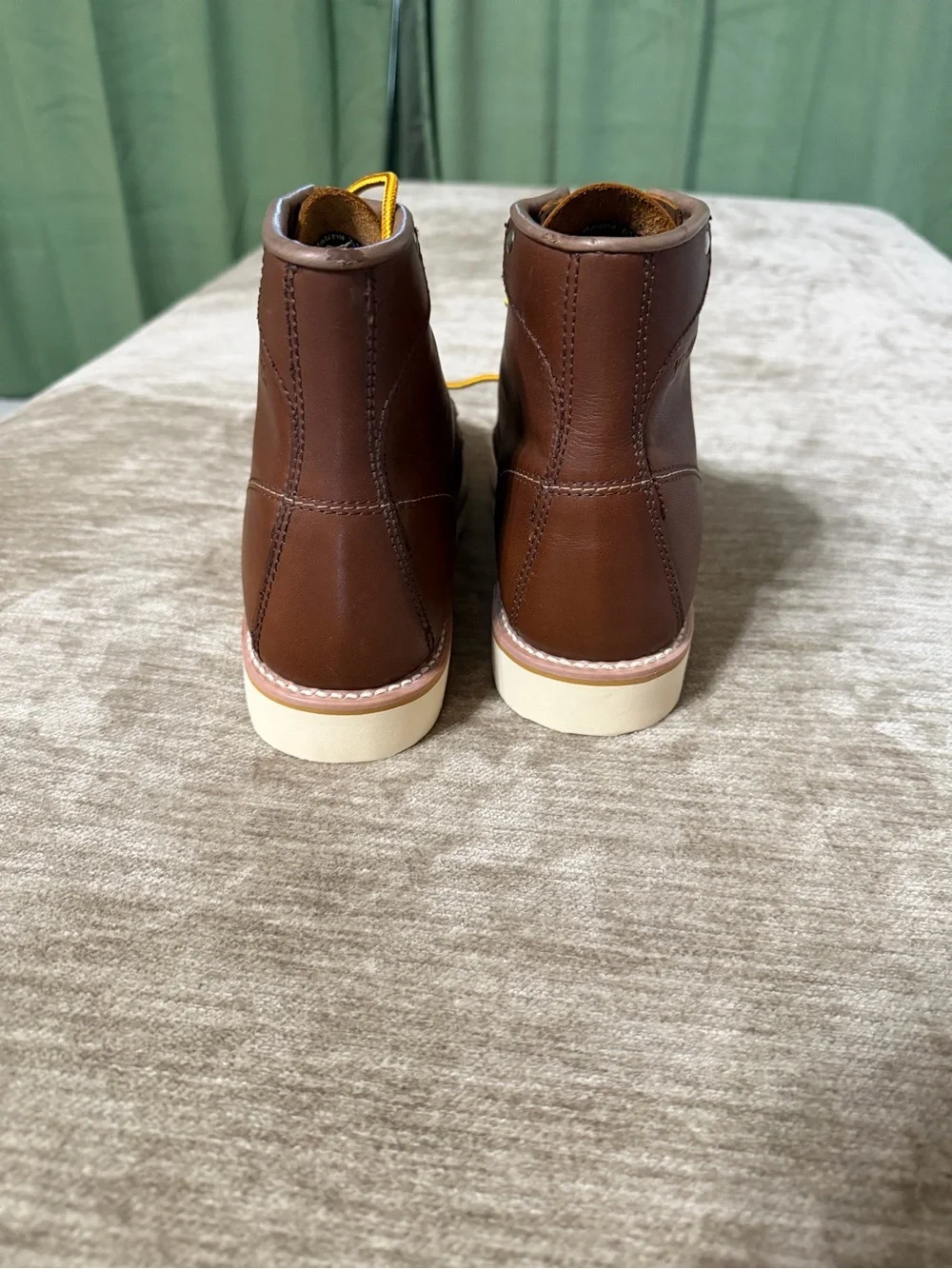 Men's Brown Leather Moc Toe Work Boots with Yellow Laces